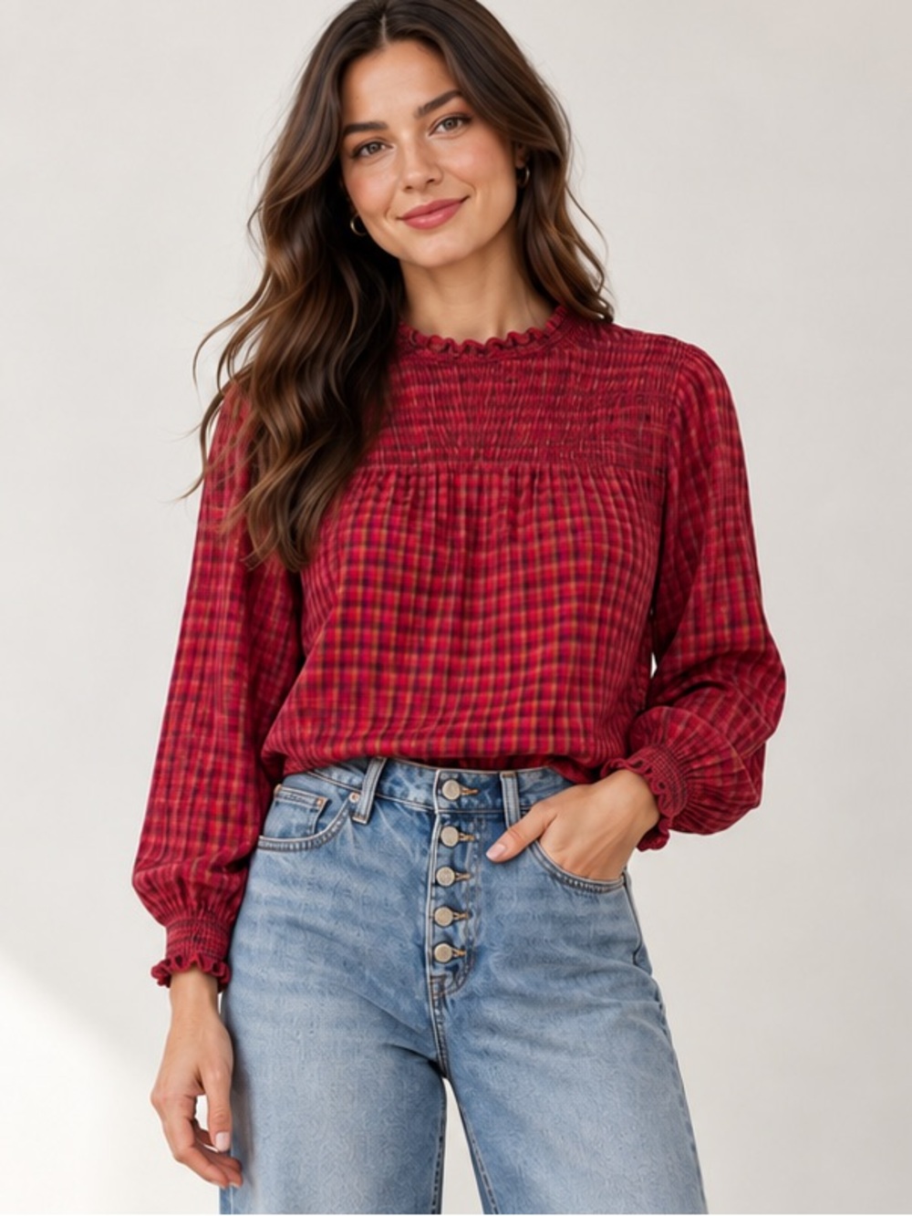 Goodthreads XL Red Plaid Smocked Ruffle Blouse Cottagecore Boho